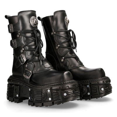 New Rock Unisex Black Leather Combat Platform Boots - TANK373-S1
