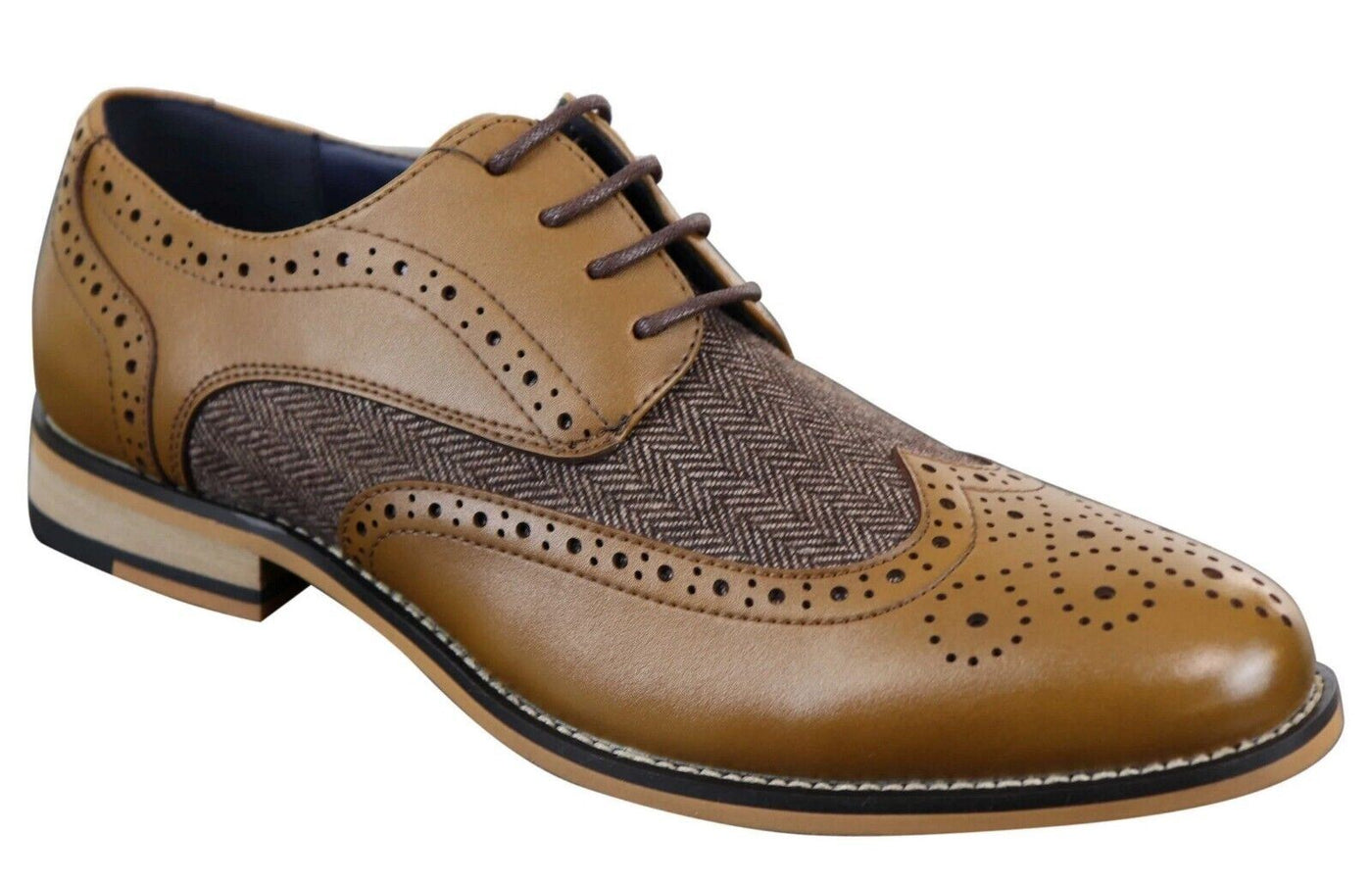 Klassische Oxford-Tweed-Brogue-Schuhe für Herren aus hellbraunem Leder