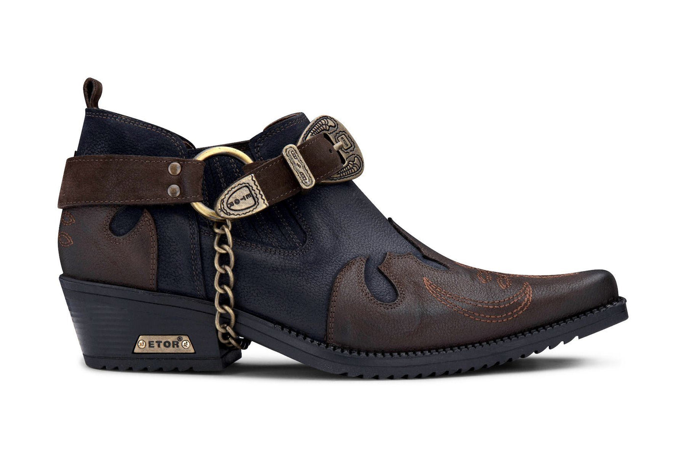 Winklepicker Cowboyschuhe für Herren aus marineblauem/braunem Leder mit Metallkette