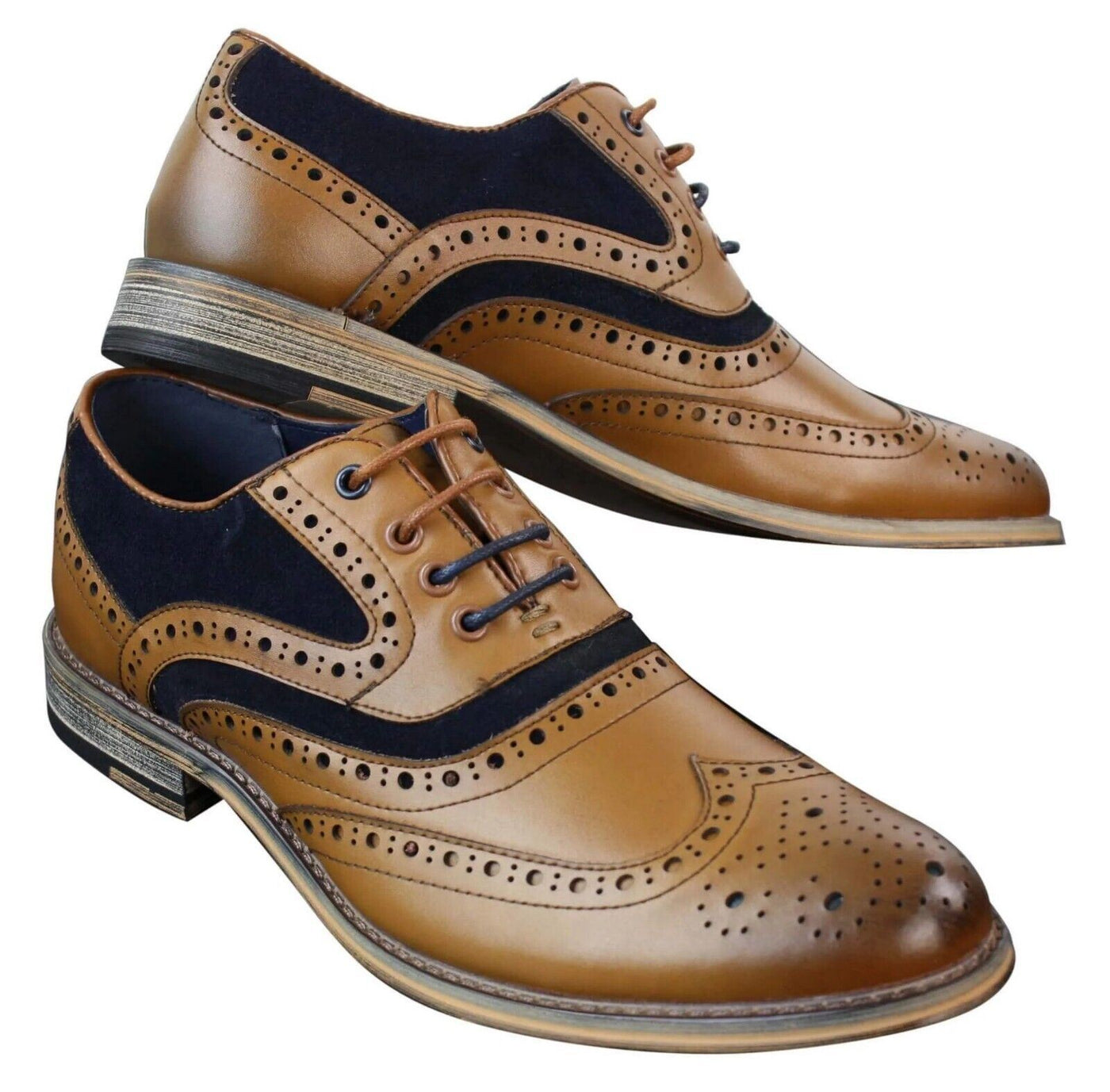 Klassische Oxford-Brogue-Schuhe aus Wildleder für Herren in Marineblau aus hellbraunem Leder