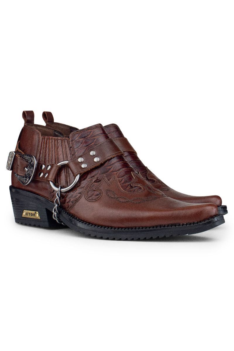 Herren Winklepicker Cowboy Cuban Biker Schuhe aus braunem Leder