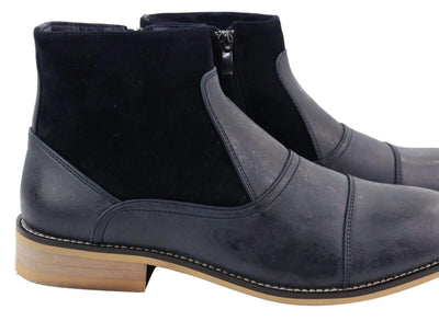 Mens Navy Leather Suede Zip Up Chelsea Boots