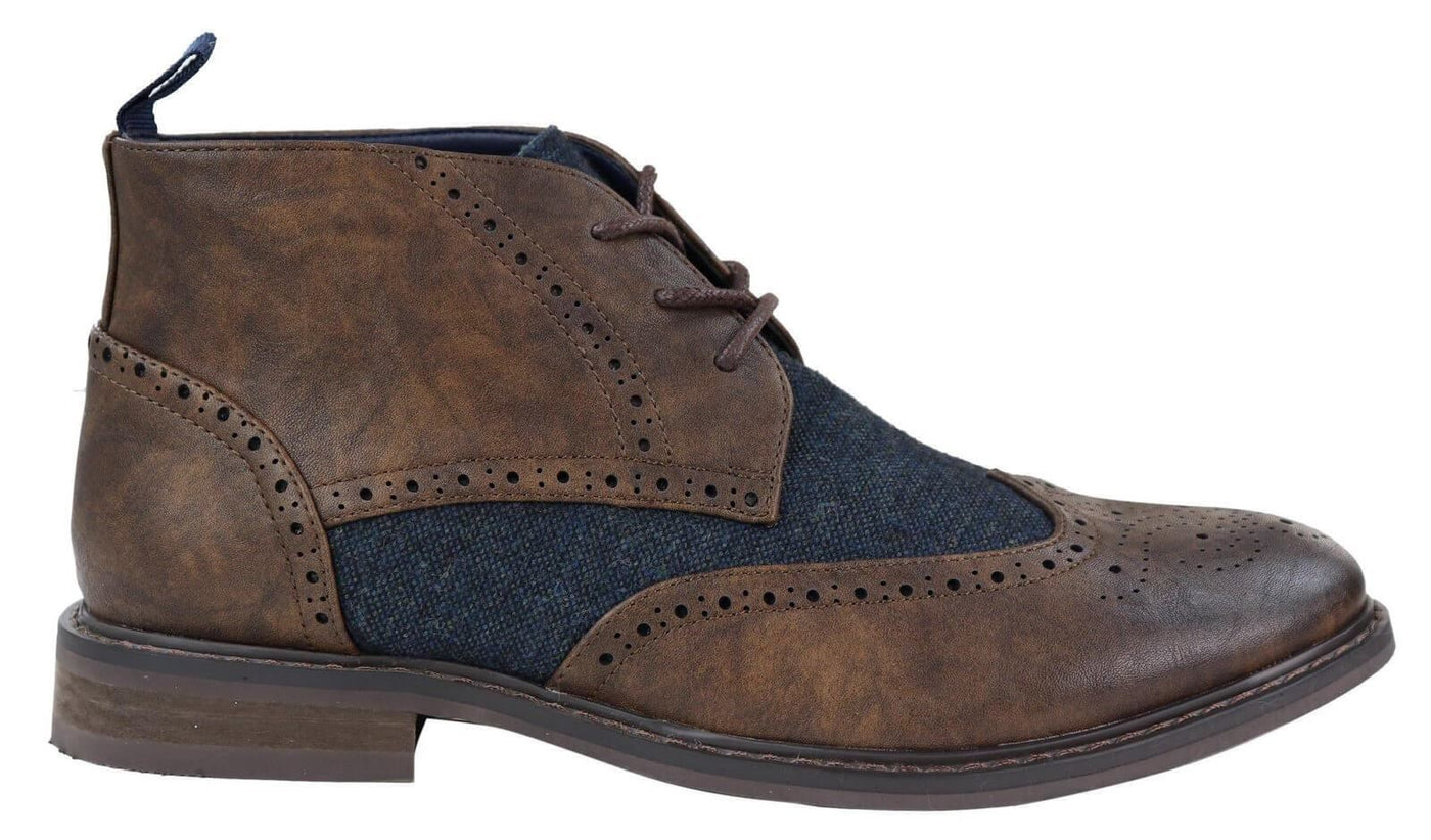 Mens Classic Tweed Oxford Brogue Ankle Boots in Brown Leather