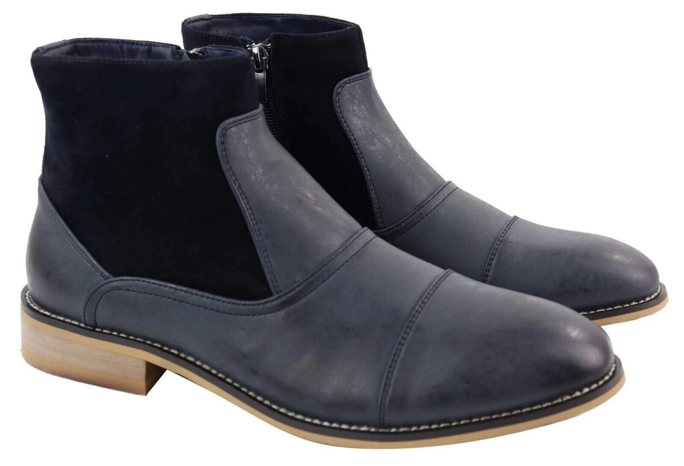 Mens Navy Leather Suede Zip Up Chelsea Boots