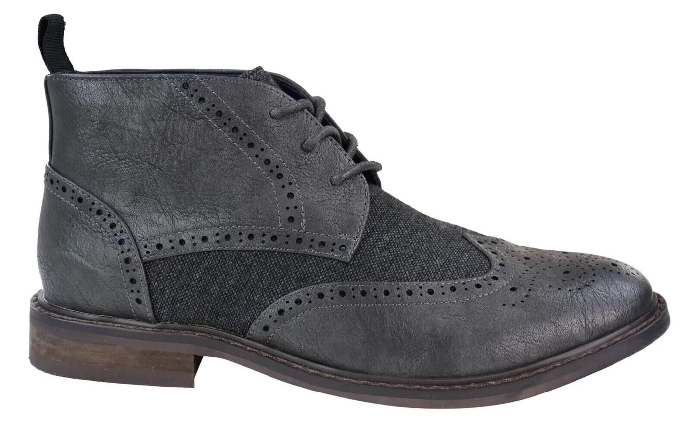 Mens Classic Tweed Oxford Brogue Ankle Boots in Grey Leather