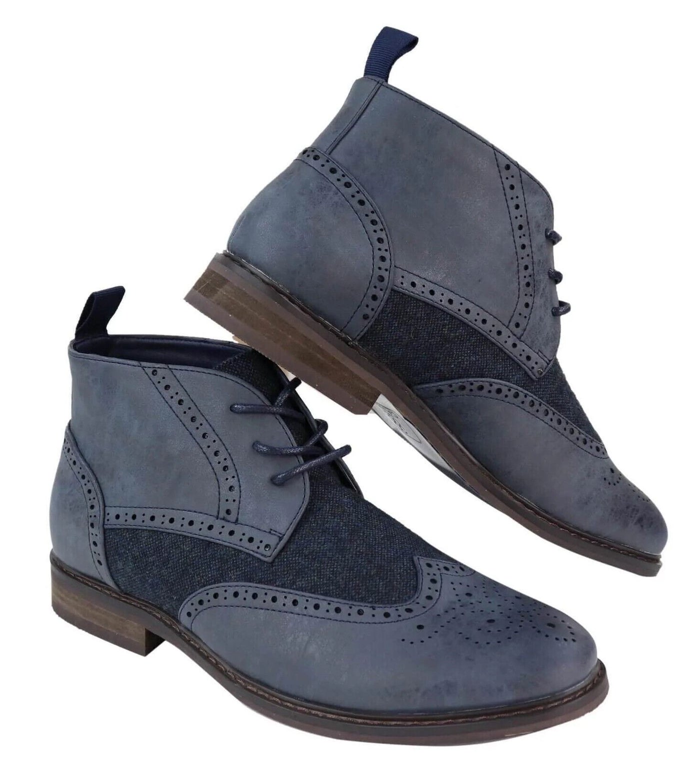 Klassische Tweed-Oxford-Brogue-Stiefeletten für Herren aus blauem Leder