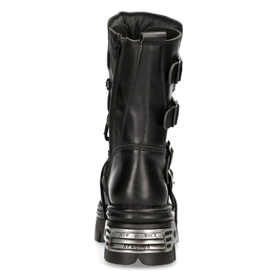 New Rock Unisex Black Leather Gothic Mid-Calf Boots-373-S4