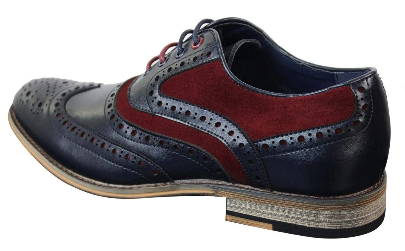 Mens Classic Burgundy Suede Oxford Brogue Shoes in Navy Leather