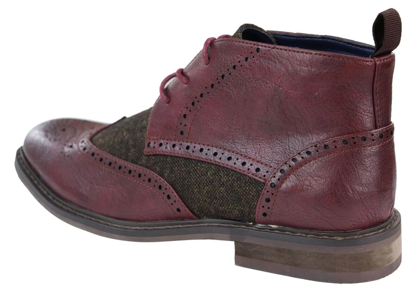 Mens Classic Tweed Oxford Brogue Ankle Boots in Wine Leather