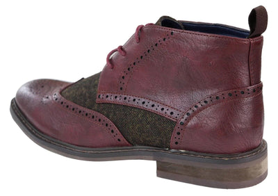 Mens Classic Tweed Oxford Brogue Ankle Boots in Wine Leather