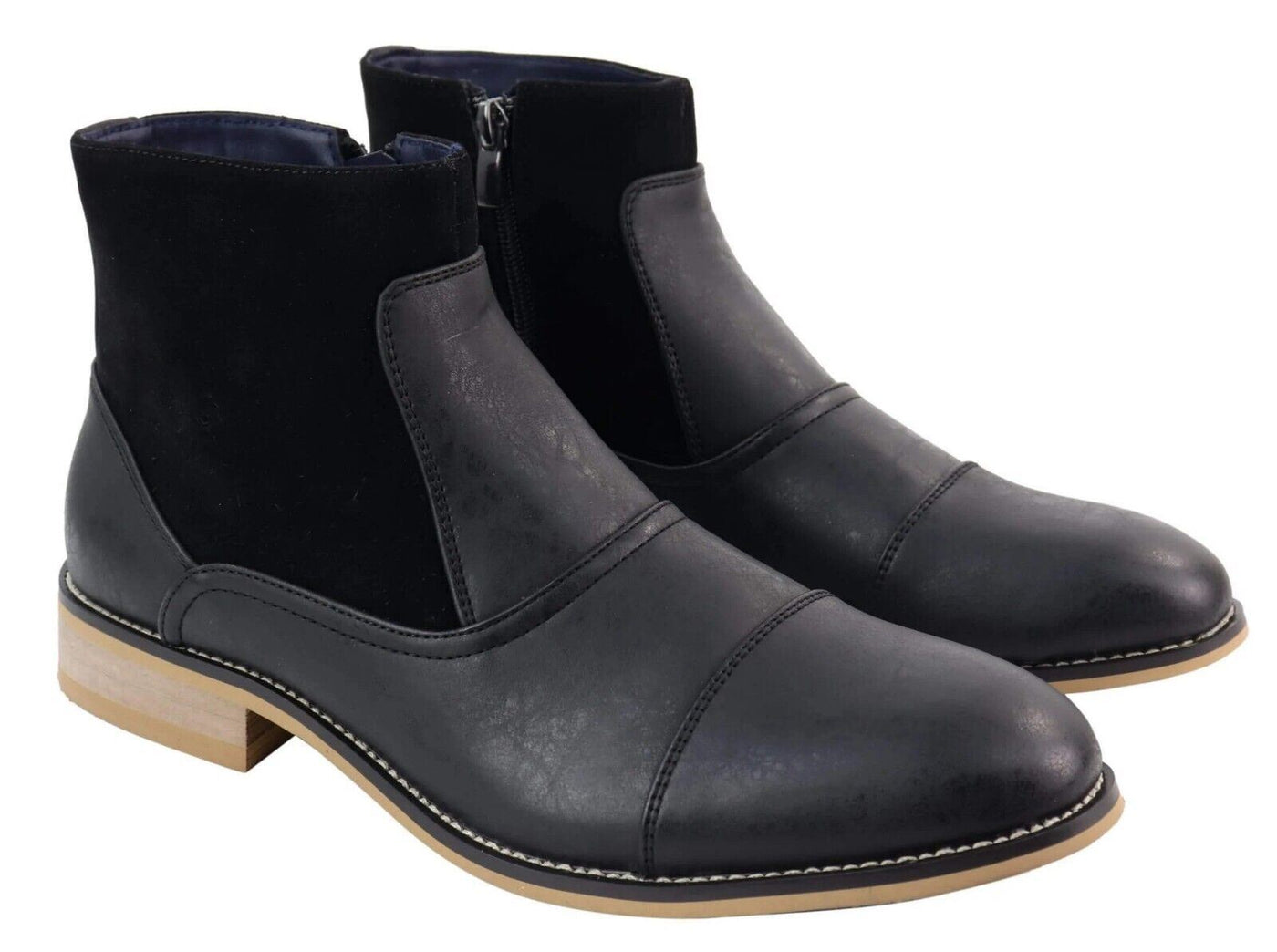 Mens Black Leather Suede Zip Up Chelsea Boots