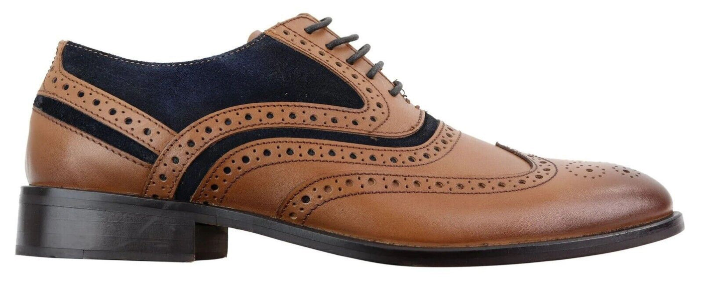 Herren Retro Oxford Navy Wildleder Brogue Schuhe in hellbraunem Leder