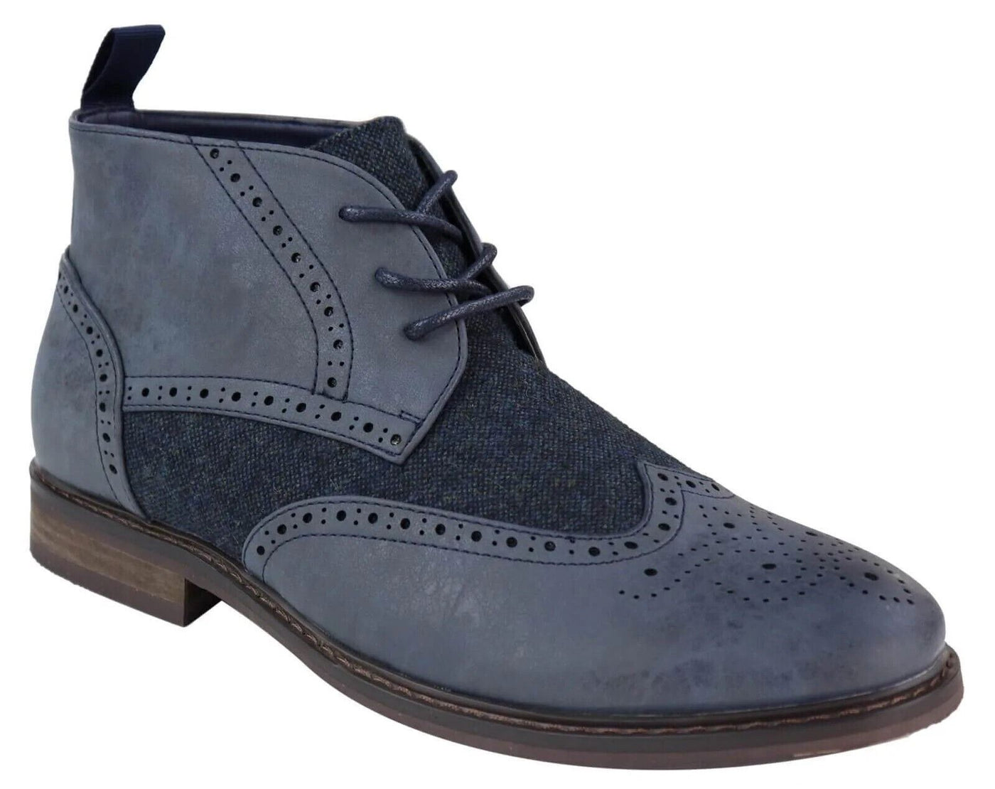 Klassische Tweed-Oxford-Brogue-Stiefeletten für Herren aus blauem Leder