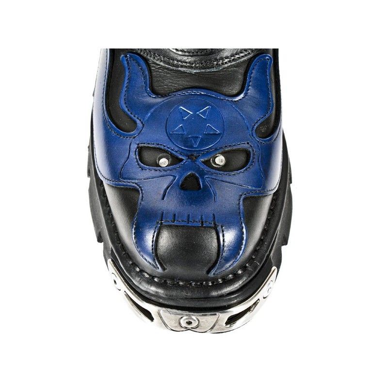 New Rock Unisex Black/Blue Leather Gothic Biker Skull Boots-107-C5