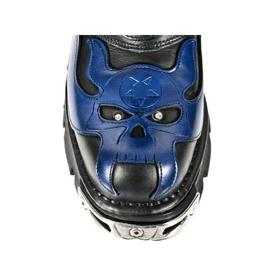 New Rock Unisex Black/Blue Leather Gothic Biker Skull Boots-107-C5