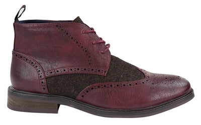 Klassische Tweed-Oxford-Brogue-Stiefeletten für Herren aus weinrotem Leder