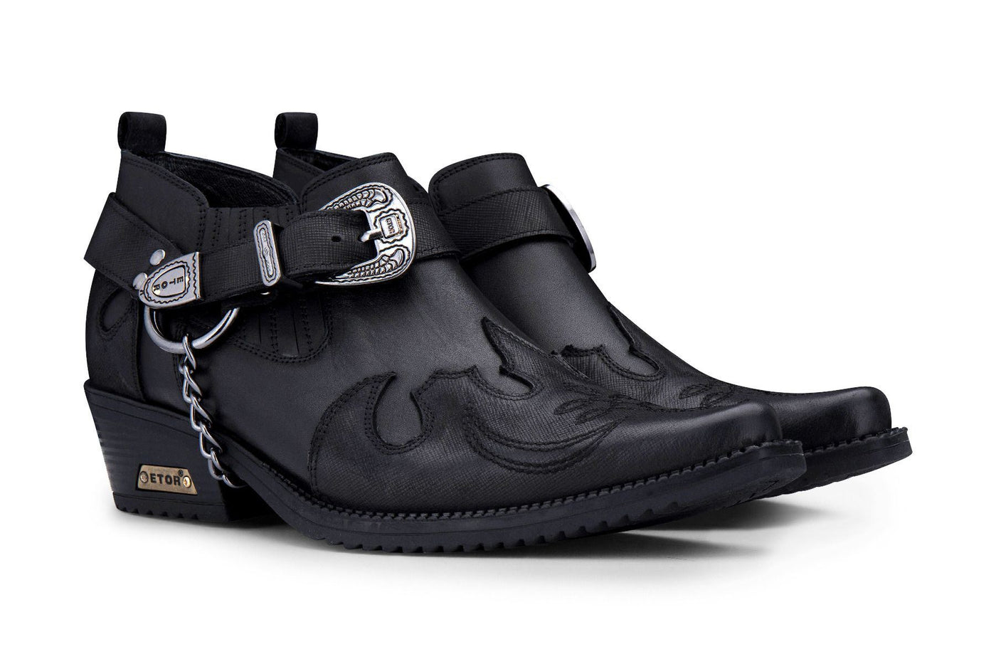 Winklepicker Cowboyschuhe für Herren aus schwarzem Leder mit Metallkette