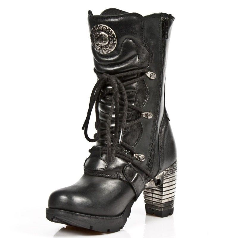 New Rock Ladies Black Leather Metallic Gothic Boots- TR003-S1