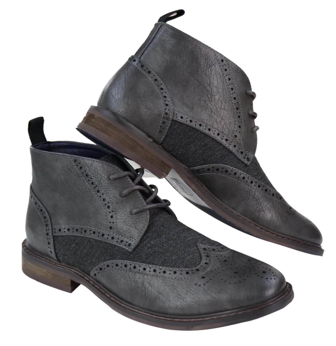 Mens Classic Tweed Oxford Brogue Ankle Boots in Grey Leather