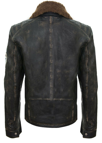 Mens Badged Vintage Black Leather Bomber Jacket-Tunis