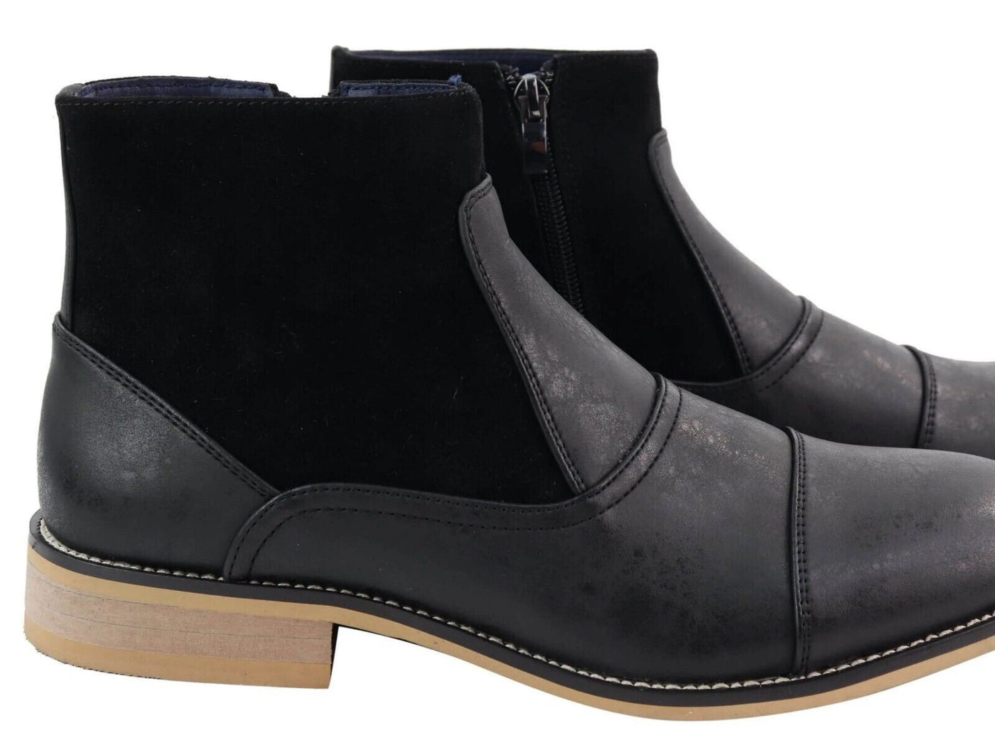 Mens Black Leather Suede Zip Up Chelsea Boots