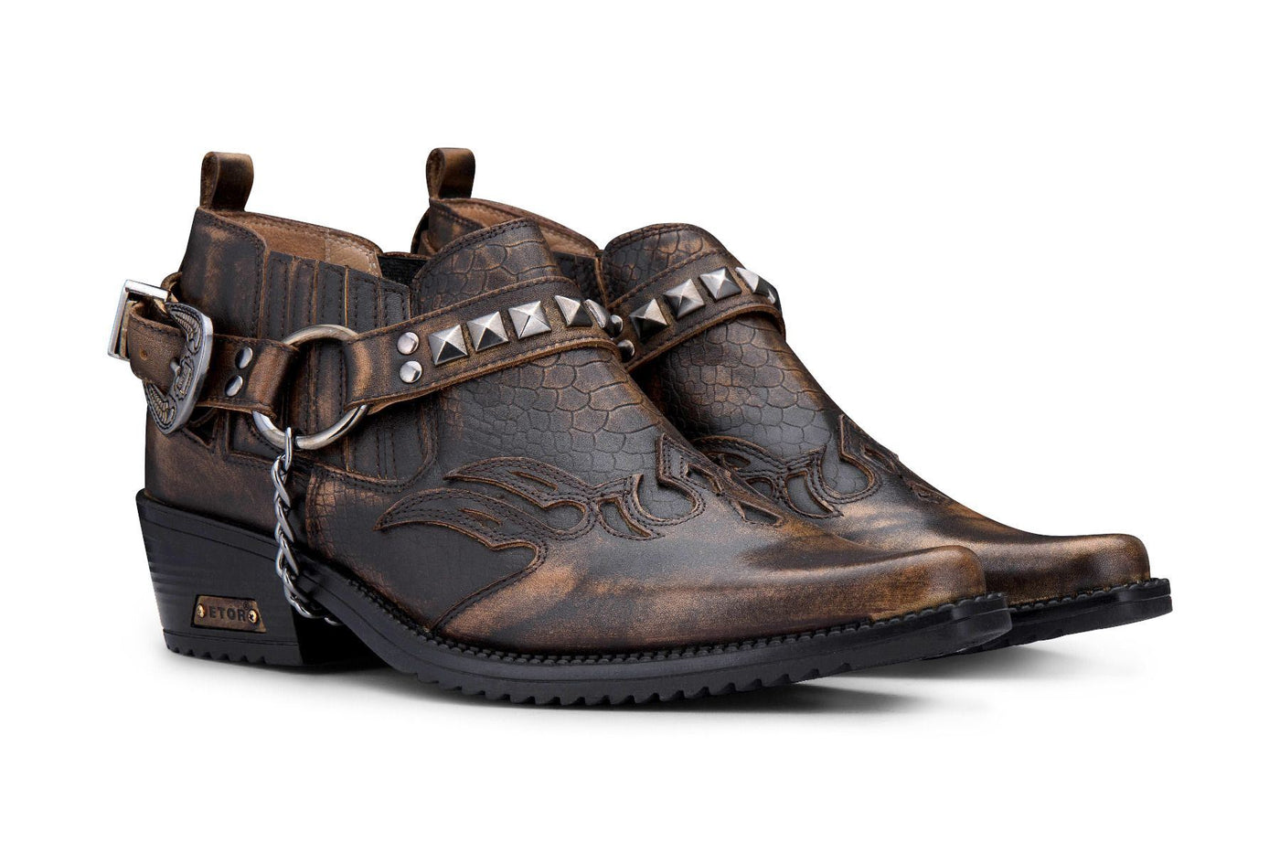 Men’s Brown Croc Leather Winklepicker Studded Western Biker Shoes