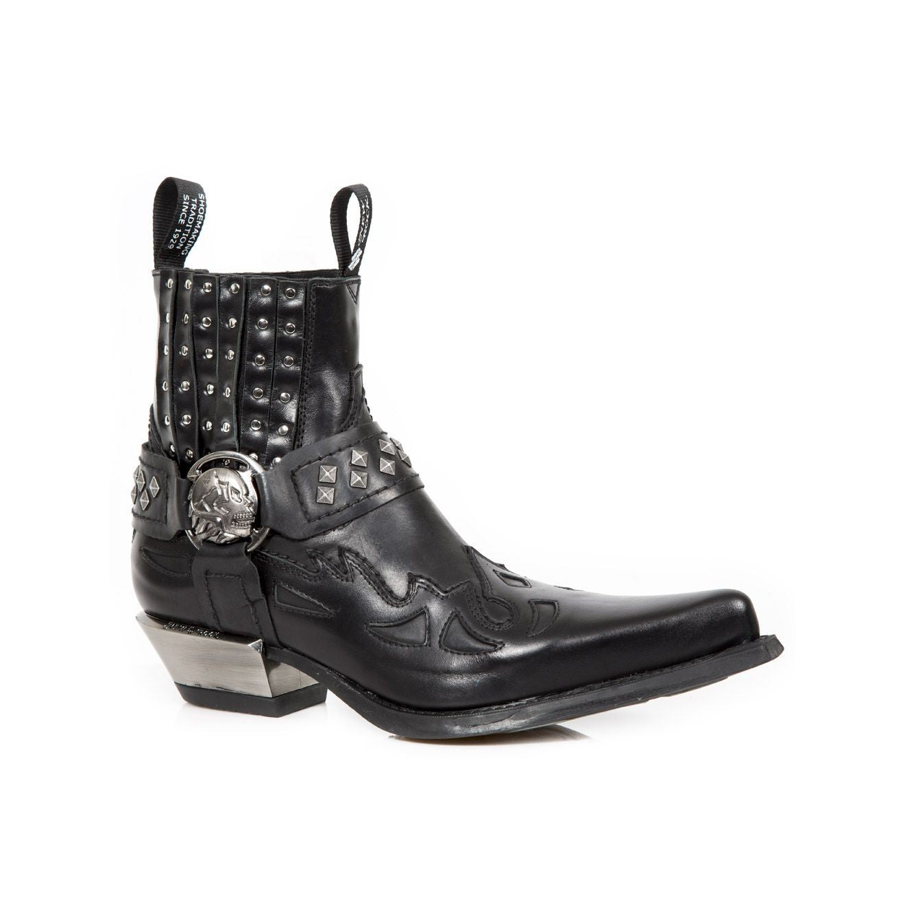 New Rock Studded Black Leather Western Biker Boots-7950-S1