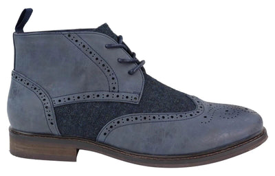 Mens Classic Tweed Oxford Brogue Ankle Boots in Blue Leather