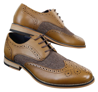 Klassische Oxford-Tweed-Brogue-Schuhe für Herren aus hellbraunem Leder