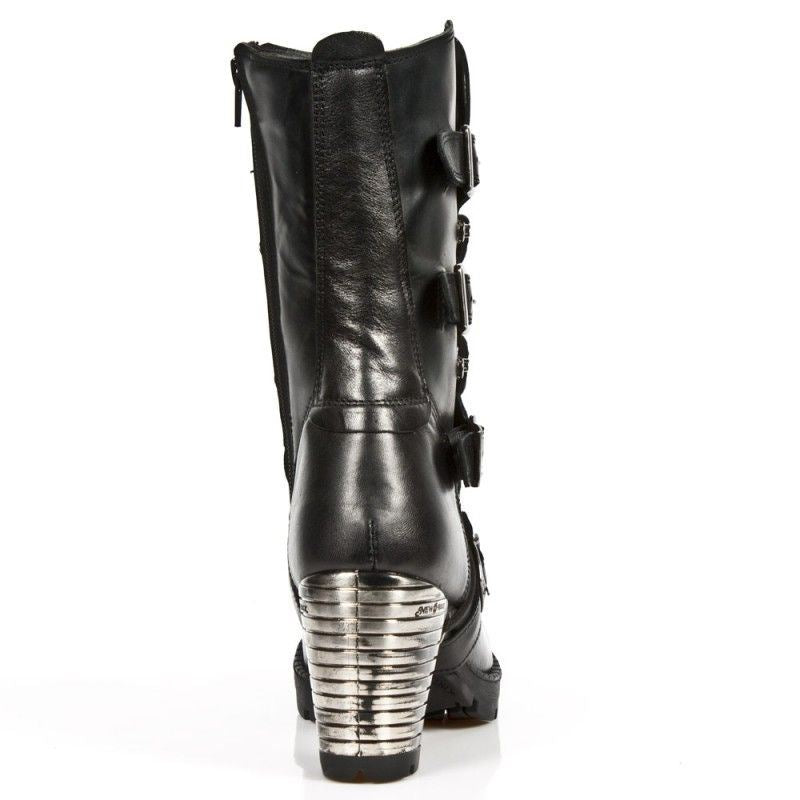 New Rock Ladies Black Leather Metallic Gothic Boots- TR003-S1