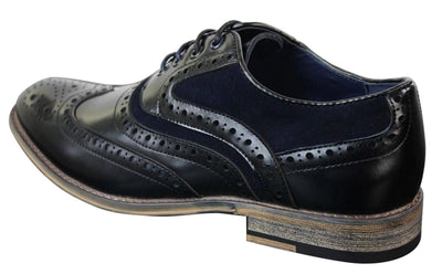 Mens Classic Navy Suede Oxford Brogue Shoes in Black Leather