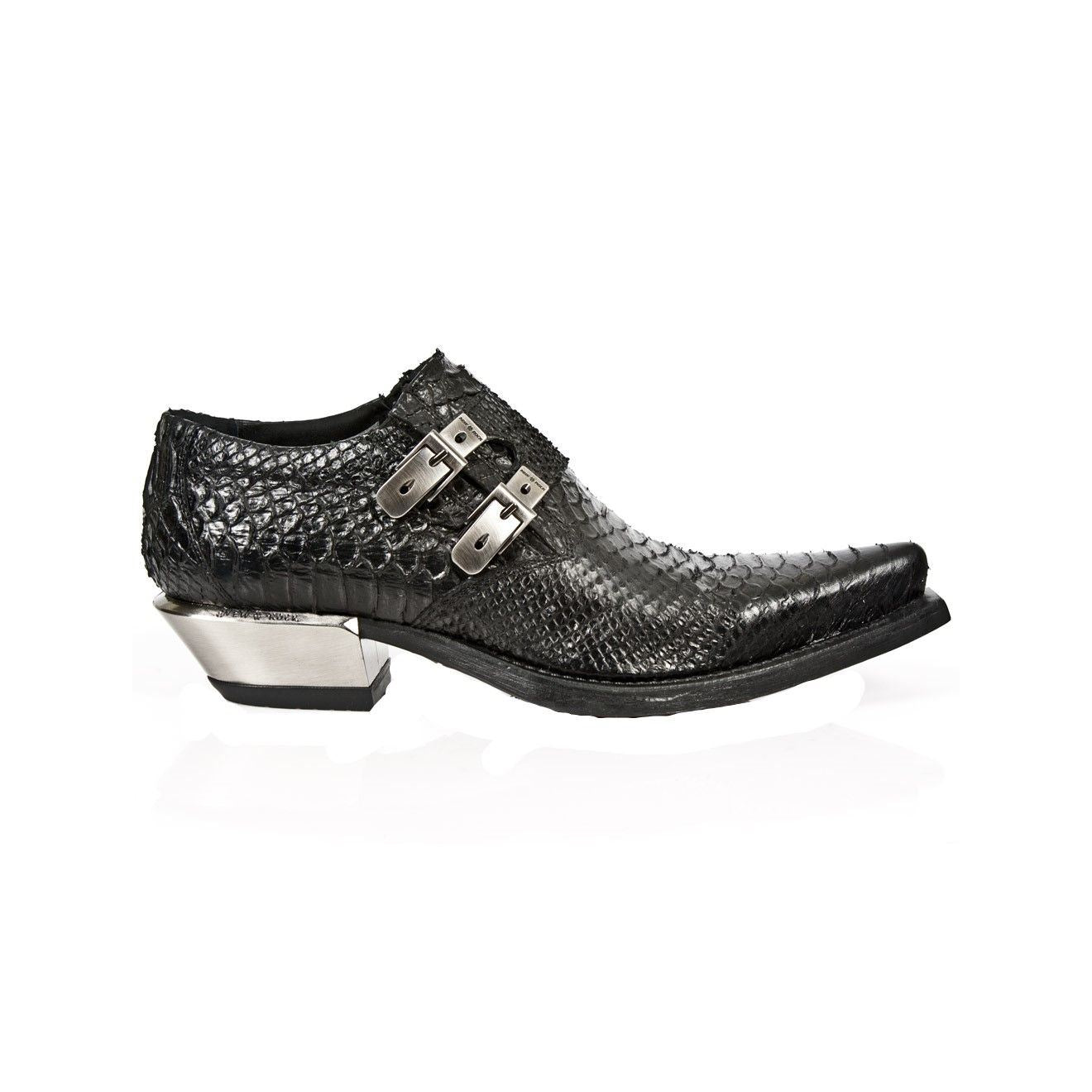 New Rock Embossed Python Black Leather Buckled Shoes-7934-S2