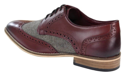 Mens Classic Oxford Tweed Brogue Derby Shoes in Burgundy Leather