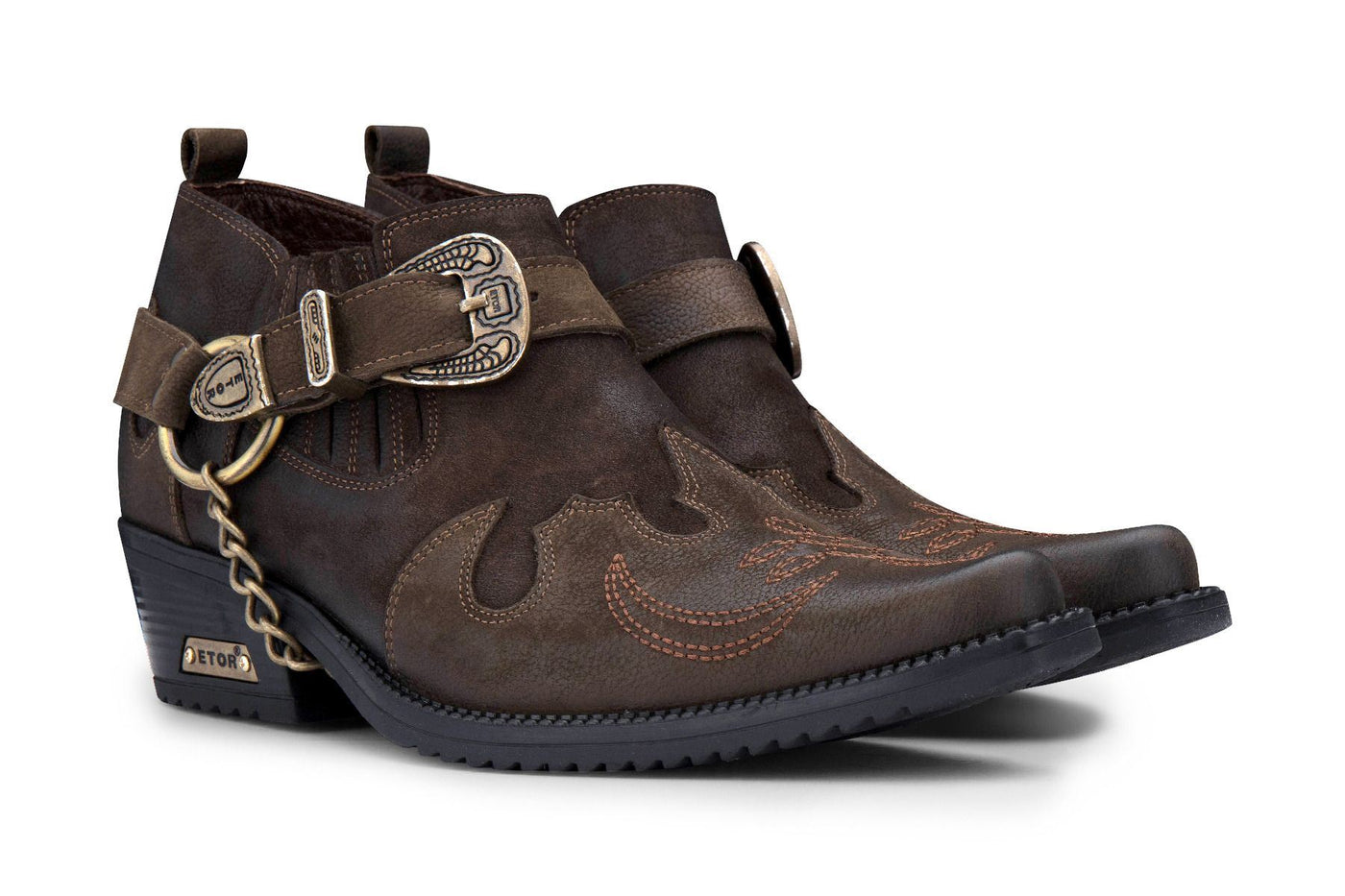 Winklepicker Cowboyschuhe für Herren aus braunem Leder mit Metallkette