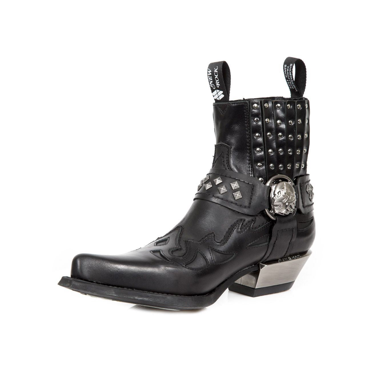 New Rock Studded Black Leather Western Biker Boots-7950-S1