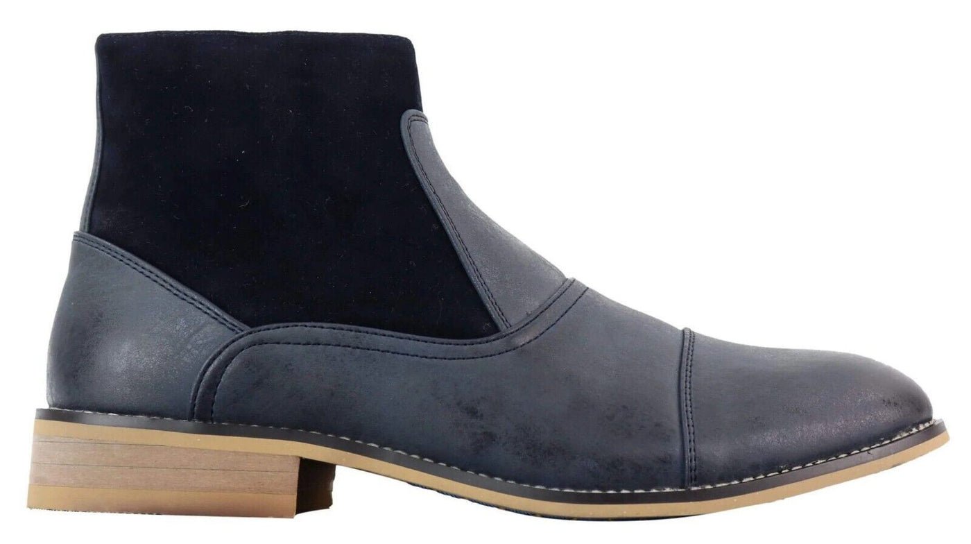 Mens Navy Leather Suede Zip Up Chelsea Boots