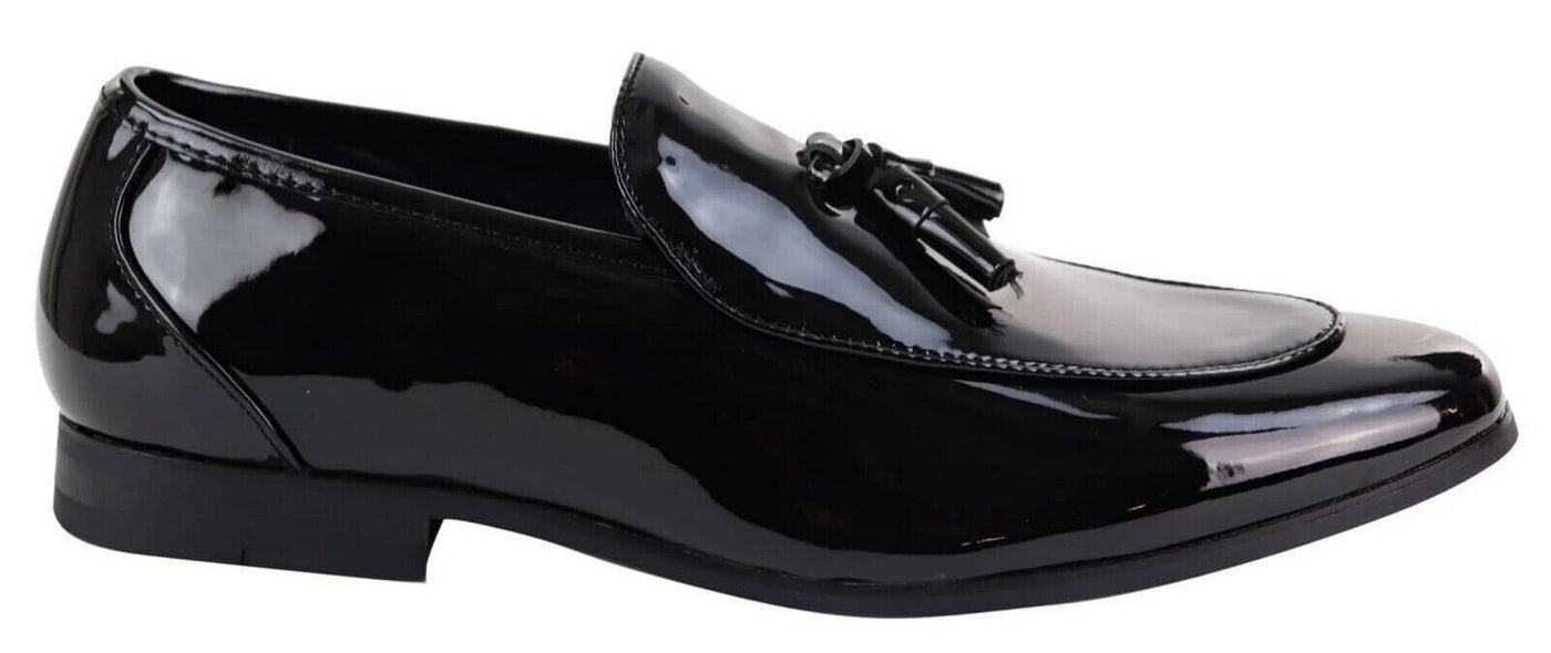 Mens Tasselled Black Patent Leather Slip on Loafers