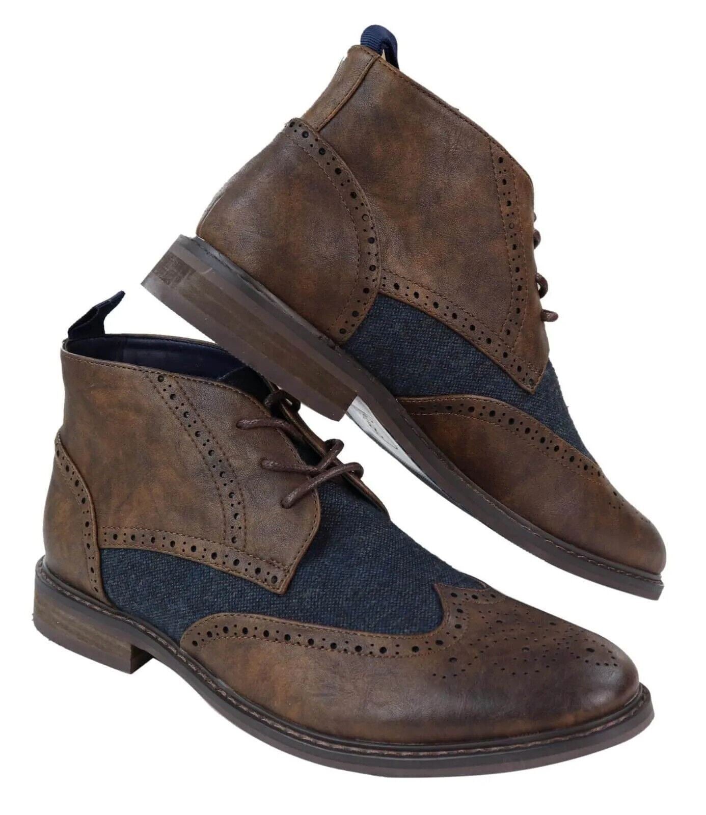 Klassische Tweed-Oxford-Brogue-Stiefeletten für Herren aus braunem Leder