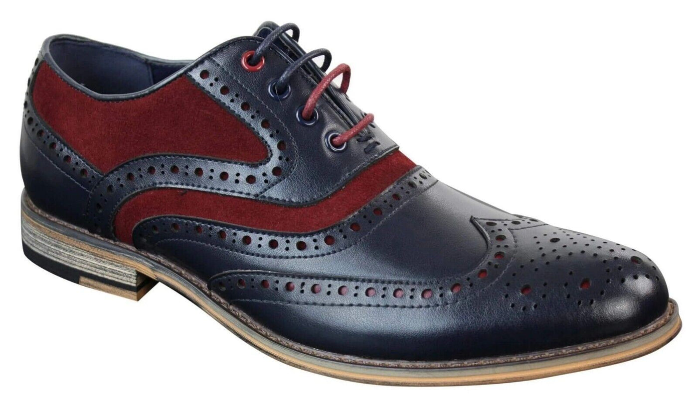 Mens Classic Burgundy Suede Oxford Brogue Shoes in Navy Leather