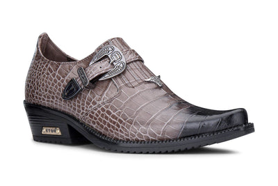 Men's Brown Croc Leather Winklepicker Cuban Biker Shoes