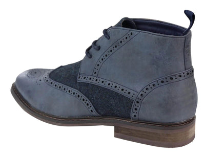 Mens Classic Tweed Oxford Brogue Ankle Boots in Blue Leather