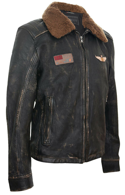 Mens Badged Vintage Black Leather Bomber Jacket-Tunis