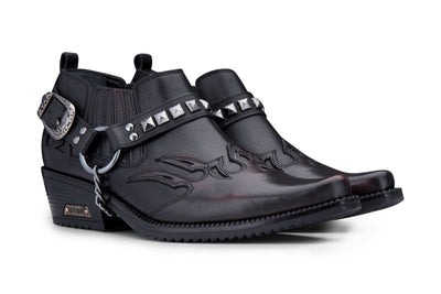 Men’s Black Leather Winklepicker Studded Western Biker Shoes