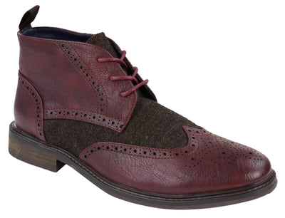 Klassische Tweed-Oxford-Brogue-Stiefeletten für Herren aus weinrotem Leder