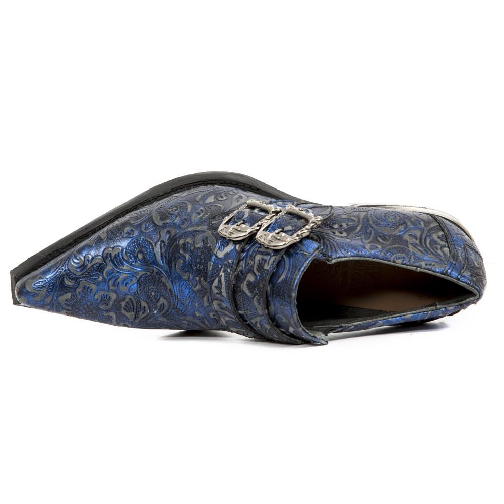New Rock Vintage Blue Floral Leather Buckle Shoes-7960-S7